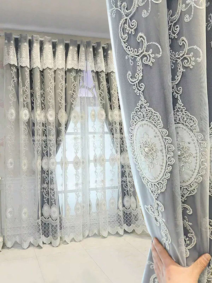1pc Luxury European Style Embroidered Pearl Tulle Curtains For Bedroom And Living Room, Sheer Double Layer