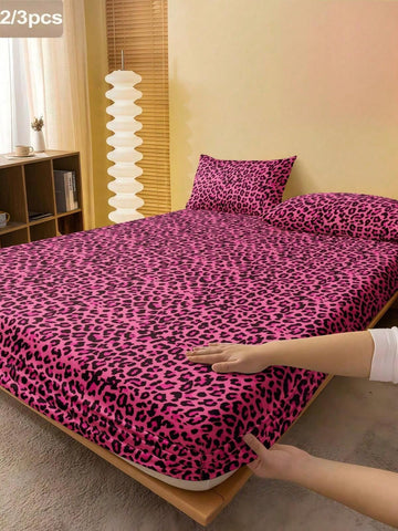 2/3pcs Rose Red Fashion Leopard Print Bed Sheet Set (1 Fitted Sheet + 1/2 Pillowcases), Mattress Protector, Mattress Cover, Bed Sheet Set, Soft And Breathable, --Twin, Full, Queen, King, Fitted Sheet Depth Up To 11.8 Inches, Back To School, Dorm Bedding